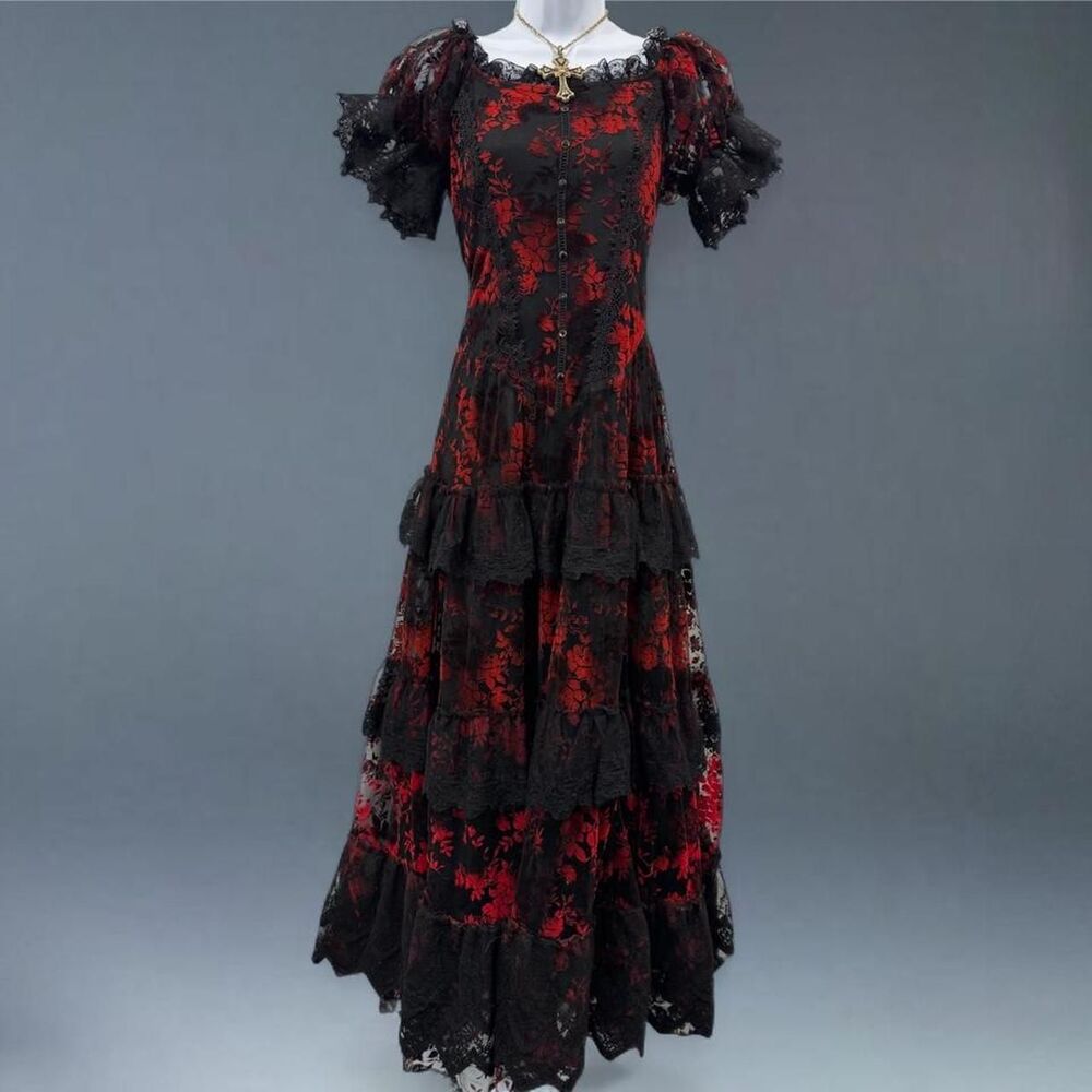 Punk Rave Red Black Lace Tiered Gothic Victorian Dress Size Large Ostrogotha